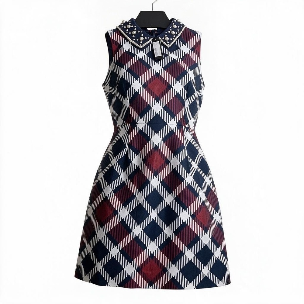 Kate Spade French Navy Plaid Pearl Collar Fit Flare Dress KF796 NWT Size 4